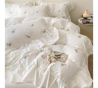 Sedefen Feuille de Lotus Housse de Couette 140x200cm Broderies Fleurs + 1 taie d'oreiller 65x65cm Ado Fille Adulte Blanc Rose Volants Romantique Parure de Lit 1 Personne Avez Fermeture Éclair
