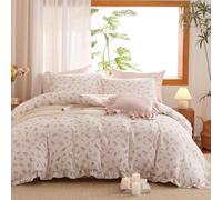 Sedefen Feuille de Lotus Housse de Couette 200x200cm Rose Fleurs + 2 taies d'oreiller 65x65cm Ado Fille Adulte Blanc Rose Volants Romantique Parure de Lit 2 Personnes Avez Fermeture Éclair