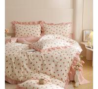 Sedefen Feuille de Lotus Housse de Couette 220x240 Rose Blanc Fraise + 2 taies d'oreiller 65x65cm Ado Fille Adulte Romantique Parure de Lit 2 Personnes Avez Fermeture Éclair