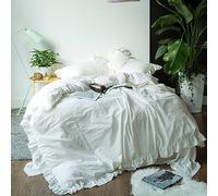 Sedefen Feuille de Lotus Housse de Couette 220x240cm + 2 taies d'oreiller 65x65cm Ado Fille Adulte Blanc Volants Romantique Parure de Lit 2 Personnes Avez Fermeture Éclair