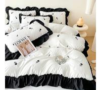 Sedefen Feuille de Lotus Housse de Couette 240x260cm Broderies Fleurs + 2 taies d'oreiller 65x65cm Ado Fille Adulte Blanc Noir Volants Romantique Parure de Lit 2 Personnes Avez Fermeture Éclair