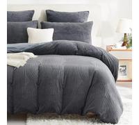 Sedefen Housse de Couette Peluche 240x260cm Gris Foncé Flanelle Polaire Sherpa Parure de Lit 2 Personnes Hiver Chaude Réversible Shaggy Linge de Lit avec Fermeture Éclair et 2 Taie d'oreiller 65x65cm