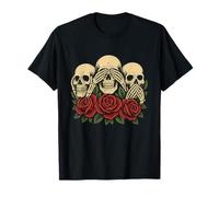 See No Evil Hear No Evil Speak No Evil Squelette Skull Roses T-Shirt