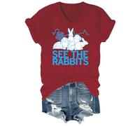 See The Rabbits T-shirt humoristique motif lapin T-shirt ras du cou et col en V, Bordeaux-VT-1, M