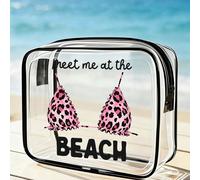 "See You On The Beach" Ensemble de plage en PVC imperméable avec impression de lettres et motif bikini, sac de maquillage en PVC, sac organisateur de voyage en PVC avec fermeture éclair - Sac de maqui