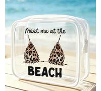"See You On The Beach" Sac de plage en PVC imperméable avec impression de lettres et motif bikini, trousse de maquillage en PVC, sac organisateur de voyage en PVC avec fermeture éclair - Sac de toilet