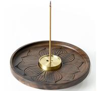 SEEDWAVE Porte-encens Baton Lotus en Noyer, Support Encens 3 Trous en Laiton, Brûleur d'encens avec Plateau récupérateur de Cendres, la méditation et Le Yoga (Φ12 x 2.5 cm)