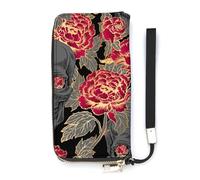 SEEKJOYS Portefeuille pour femme avec imprimé dauphins dans l'océan Porte-cartes Portefeuille élégant en cuir avec dragonne Long sac à main pour femme, Impressions de pivoines créatives, 20x10.5cm