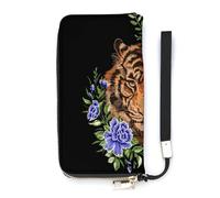 SEEKJOYS Portefeuille pour femme avec imprimé guitare et rose rouge - Grand portefeuille pour femme - Porte-cartes élégant avec dragonne - Long sac à main pour cartes, pièces de monnaie, Tigre brodé,