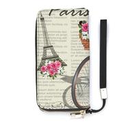 SEEKJOYS Portefeuille pour femme Diary of The Voyage Grand portefeuille pour femme avec porte-cartes Pochette élégante avec dragonne Long porte-monnaie pour cartes, pièces de monnaie, Tour Eiffel