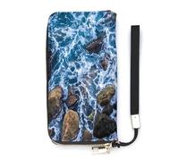 SEEKJOYS Portefeuille pour femme motif océan, plage, pierre, porte-cartes, pochette élégante en cuir avec dragonne, Ocean Beach Stone, 20x10.5cm
