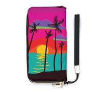 SEEKJOYS Portefeuille vintage libellules et fleurs pour femme - Porte-cartes élégant avec dragonne - Long sac à main pour femme, Tropical Palm Tree Sea Sunset, 20x10.5cm