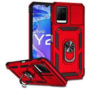 SEEKO Coque pour Vivo Y21 / Vivo Y21s / Vivo Y33s, [Protection de la Caméra] Etui avec 360 Degrés Rotation Bague, Renforcée Bumper TPU + PC Silicone Antichoc Armure Housse - Rouge