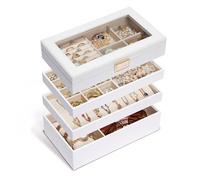 Seelux Plateau à Bijoux Empilable, Boîte à bijoux avec Couvercle en Verre, Séparateurs Amovibles pour Coiffeuse, Idéal Cadeau pour Filles et Femmes (Blanc)