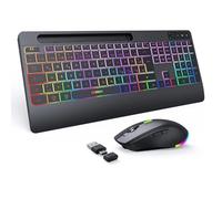 seenda JPX006 Ensemble clavier et souris sans fil éclairé avec port USB-A et USB-C, rechargeable, ergonomique, avec support de téléphone portable et repose-poignet, touches silencieuses, pour PC et