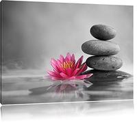 Seerosenblüte noir avec des pierres zen / blanc Taille: 60x40 sur toile, énorme XXL Photos complètement encadrée avec civière, art impression sur murale avec cadre, moins cher que la peinture ou la peinture à l'huile, aucune affiche ou un poster