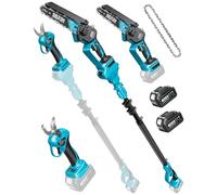 SEESII P6 Combo 6 Pouces Mini Tronconneuse avec Perche & 33 mm Secateur Electrique, 4-en-1 Ensemble d’Outils de Jardin avec 2 * 4000 mAh Batteries, Portée Maximale Jusqu’à 4,57 m