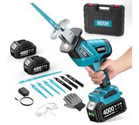 SEESII Scie Sabre sans fil 21V, Vitesses Réglables 0-3500 SPM, moteur sans balais Scie Sabre à Batterie avec 2 batteries de 4,0 Ah, éclairage LED, 8 lames portables pour le bois et le PVC