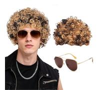 SEFIRST 2 Pièces Perruque Afro Deguisement Hippie Homme Perruque Hippie Costume, Annees 70 80 Perruques Marron Or Homme, Costume pour Carnaval Halloween Deguisement Disco Cosplay de Mascarade