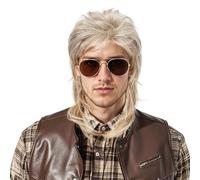 SEFIRST 3 Pcs Perruque Mulet Homme Année 80, Perruque Deguisement avec Lunettes de Soleil et Filet à Cheveux, Accessoire pour Style Rétro Disco, Fête Costumée, Carnaval, Halloween, Années 70-80 Blonde