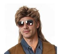 SEFIRST 3 Pcs Perruque Mulet Homme Année 80, Perruque Deguisement avec Lunettes de Soleil et Filet à Cheveux, Accessoire pour Style Rétro Disco, Fête Costumée, Carnaval, Halloween, Années 70-80 Marron