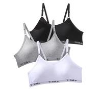 SEFIRST 3 Pcs Soutien-Gorge d'entraînement sans Couture pour Filles, Coton | Brassiere sans Armature, Réglable Haut à Bretelles et Coussinets Amovible, pour Fille 10 à 14 Ans,Noir, Blanc, Gris