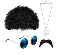 SEFIRST 4 Pcs Ensemble de Costume Hippie, Paix Signe Collier Fausses Moustaches Auto Adhésives Lunettes, Deguisement Disco, Perruque Afro pour Carnaval ou Fêtes à Thème, Style Disco 60 70 80s (Noir)