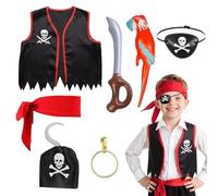 SEFIRST 7 Pièces Pirate Costume Enfant Deguisement Pirate, Bandeau Pirates Gilet Cache Oeil Boucles d'Oreilles Crochet Perroquet Gonflable, Adultes Capitaine Pirates Accessoire pour Halloween Carnaval