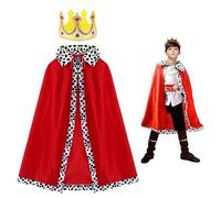 SEFIRST Cape de Prince Enfants, Costume de Prince, Cape de Roi Garçon avec Couronne, Costume de Roi Cape de Velours pour Fête du Prince Chevalier, Fête D'anniversaire, Deguisement,Carnaval, 90cm Rouge