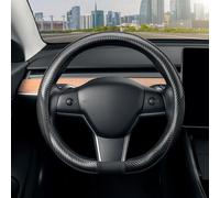 SEG Direct Housse de volant de voiture en cuir microfibre avec fond plat, forme D, pour volant de voiture de 35,5 à 36 cm, pour Tesla Model 3 / Y, pour Camaro, en cuir microfibre noir avec motif en