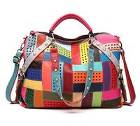Segater® Sac à main fourre-tout multicolore en cuir véritable pour femme, couleur assortie, sac à bandoulière Hobo, Multicolore - B, Large