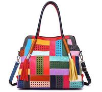 Segater® Sac cabas en cuir véritable pour femme multicolore patchwork ajouré sac à bandoulière cuir de vache cousu grand sac à main coloré, L