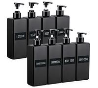Segbeauty 8 Pièces Set Distributeur Shampoing, 500ml Flacon Pompe Vide Groupe avec Étiquette, Ensemble de Salle de Bain en Plastique, pour Hôtel, Résidence, Conditionneur et Lotion - Noir