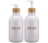 Segbeauty Distributeur de Savon, 2 pièces 500 ML Distributeur avec Pompe en Bambou, Bouteille de Savon Rechargeable en Plastique pour Shampooing, Lotion, pour Cuisine, Salle de Bain, Blanc