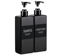 Segbeauty Distributeur de Savon Carrée, 2 Pièces 500ml Rechargeable Bouteille de Shampoing en Plastique avec Étiquette, Flacon Pompe Vide pour Bain, Hôtel, Noir