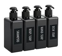 Segbeauty Distributeur de Savon Carrée, 4 Pièces 280ml Rechargeable Lotion Bouteille de Shampoing, avec Étiquette Imperméable et Manuscrite, Flacon Pompe pour Détergent, Conditionneur, Lotion- Noir
