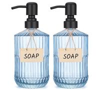 Segbeauty Distributeur Savon Verre, 2 Pièces 450ml Distributeur Savon Cuisine en Verre Bleu, avec Pompe en Acier Inoxydable, Rechargeable, pour Shampoing, Lotion