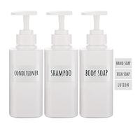 Segbeauty Distributeurs de Savon avec étiquettes, Lot de 3 Bouteilles de Shampoing de 300 ML, Bouteille de Savon pour Les Mains en Plastique Rechargeable pour Cuisine et Salle de Bain, Blanc