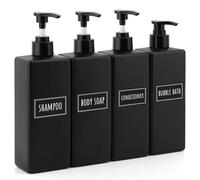 Segbeauty Flacon Pompe Vide, 4 Pièces 500ml Distributeur Savon Liquide, Bouteille Shampoing Vide, Soap Dispenser en Plastique avec Étiquettes, Bouteille Savon Noir Mat pour Salle de Bain