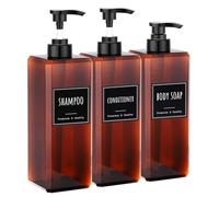 Segbeauty Lot de 3 distributeurs de savon en plastique ambré avec étiquettes, flacons à pompe pour shampooing et après-shampooing, grand flacon carré rechargeable de 1 000 ml