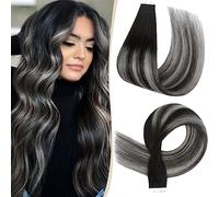 SEGO 10 PCS Extension Cheveux Naturels Bande Adhésives - Rajout Cheveux Humains Extension Adhesive Pas Cher - 55 cm, #Noir Naturel & Gris