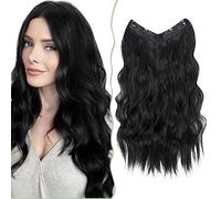 SEGO 24" Rajout Cheveux A Fil Invisible Réglable Une Pièce Extension Fil Cheveux Synthétiques Longs Ondulés Avec 4 Clips, Noir Foncé