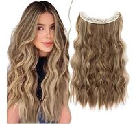 SEGO 24" Rajout Cheveux A Fil Invisible Réglable Une Pièce Extension Fil Cheveux Synthétiques Longs Ondulés Avec 10 Clips, Brun Clair & Blond Cendré