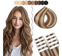 SEGO 50cm Extension Bande Adhesive Naturel Lisse Leger 10pcs Cheveux Adhesif Blanc Volume Fin - 4P27#Châtain Chocolat & Blond Foncé