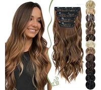 SEGO 55CM Extension a Clip Synthétique 180g Extension Cheveux Bouclés 4 Pcs 11 Clips Postiche Cheveux Long, Marron Chocolat & Marron Sable