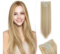 SEGO 60CM Extension a Clip Synthétique 150g Extension Cheveux Raide 6 Pcs 16 Clips Postiche Cheveux Long, Blond Cendré & Blond Très Clair