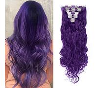 SEGO Extension à Clip Cheveux Elastique Bouclé Ondulé 8 Pcs 18 Clips - Rajout Clips Cheveux Frisé Extension Cheveux a Clip pas Cher - 60 cm Violet Vif