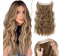 SEGO Extension Cheveux Fil Invisible Réglable 20" Une Pièce Extension A Fil Cheveux Synthétiques Longs Ondulés Avec 4 Clips, Brun Clair & Blond Cendré