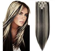 SEGO Extension Clip Cheveux Synthétique Bouclé - Rajout Faux Cheveux à Clip Elastique Ondulé Clip In Hair Extension Body Wave Pas Cher - 66 cm Noir Mèche Blond Clair