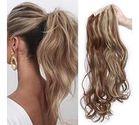 SEGO Extension Queue de Cheval Bouclé Frisé Longue Elastique - Fausse Queue de Cheval Ondulé - Postiches Ponytail Attaché Par Srcatch Pince - 60 CM Chatain Clair Mèche Ash Blond